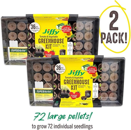Ferry Morse Jiffy Tomato & Vegetable Seed Starter Tray Kit, 36 Cell 50mm Peat Pellets with Bonus SUPERthrive and Plant Labels - 2 Pack, 72 Pellets Total