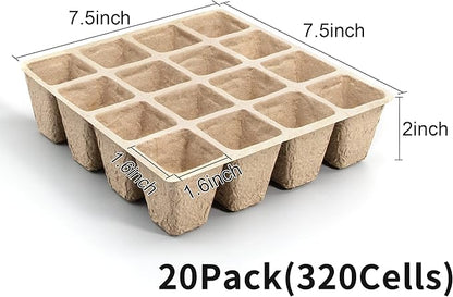 SYITCUN 320 Cells Seed Starter Tray, 20 Pack Biodegradable Seed Starter Kit, Peat Pots for Seedlings with 200 Plant Labels, 2 Seed Planting Tool and 1 Spray Bottle