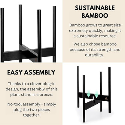 Fox & Fern Bamboo Plant Stand — 11.8 Inch Fixed Size Wooden Mid Century Plant Stand for Indoor Planters (Not Included) - Raised Flower Pot Holder for Indoor Big Pots - Plug In Design - Dark Bamboo