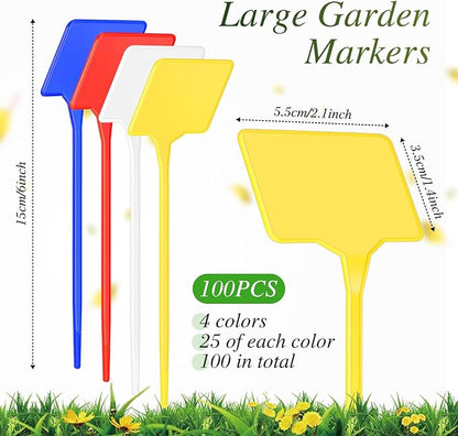 Marsui 202 Pcs Large Plant Labels Kit, Include 100 Outdoor Plastic Plant T Type Tags Waterproof Reusable Plants Markers Stakes, 100 PET Films and 2 Marker Pens for Herbs Pot (Multicolor,6 Inch)