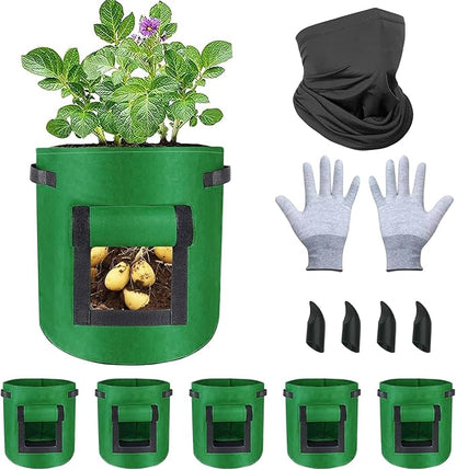 NUNET 7 Gallon Potato Grow Bags w. Double-Sided Straps, Gloves w. Claws, Neck Gaiter Mask, Heavy Duty Thickened Nonwoven Fabric Pots w. Handles, Durable Breathable Plant Container for Vegetables