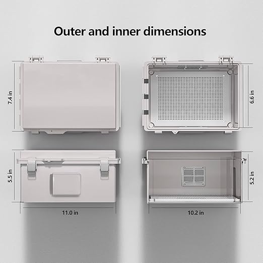 Electrical Junction Box, Ventilated Design, Cable Grommets, Indoor/Outdoor Use with Mounting Panel & Hinged Cover. Waterproof IP 65. (Grey Cover, 11.8"x7.9"x5.1")
