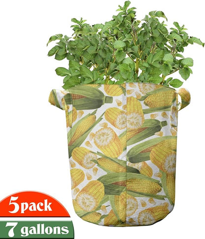 Ambesonne Corn Grow Bags 5-Pack, Vegetable Stalks Illustration, Heavyduty Fabric Pots with Handles for Plants, Yellow Green White