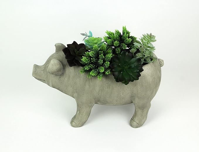 Zeckos Charming Rustic Weathered Grey Smiling Pig Resin Planter Plant Pot - Adorable Outdoor Décor Accent for Porches, Patios, Yards and Gardens - 17 Inches Long