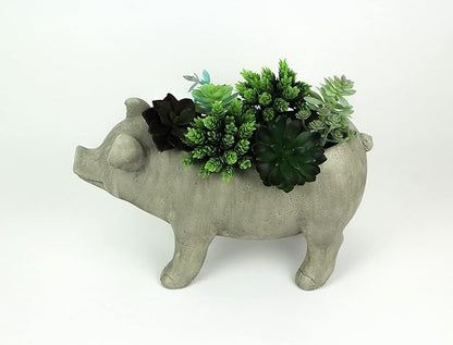 Zeckos Charming Rustic Weathered Grey Smiling Pig Resin Planter Plant Pot - Adorable Outdoor Décor Accent for Porches, Patios, Yards and Gardens - 17 Inches Long