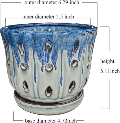 Ceramic Orchid Pot with Drainage Hole 6'' Orchid Planter (Blue Cover White)