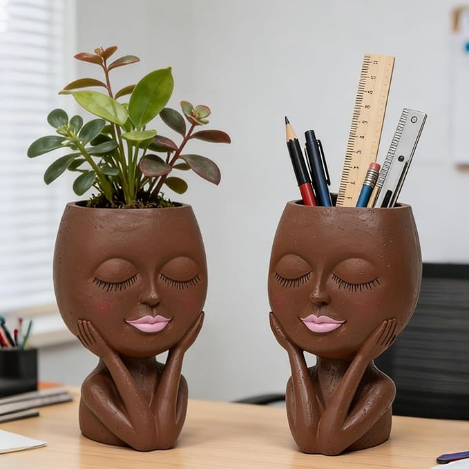 Face Planters Pots Head - Cute Succulents Plants Planters, Plant Pots Indoor with Drainage System, Garden Gifts for Wome, Garden Decorations for Outdoor, Unique Ornaments for Home, Dark