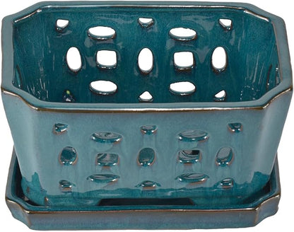 W&W Orchid Pot with Holes and Saucer for Repotting, Teal, 9.7 Inches