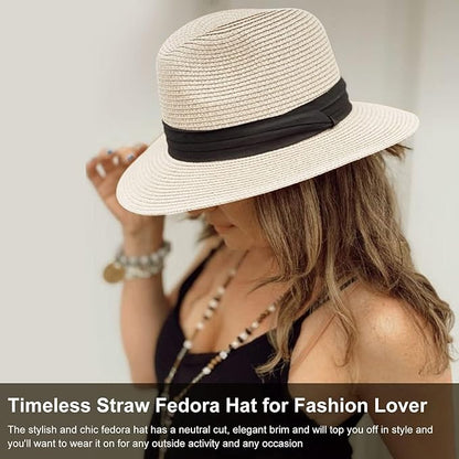 DRESHOW Women Straw Panama Hat Travel Fedora Beach Sun Hat Summer Wide Brim Straw Roll up Hat UPF 50+