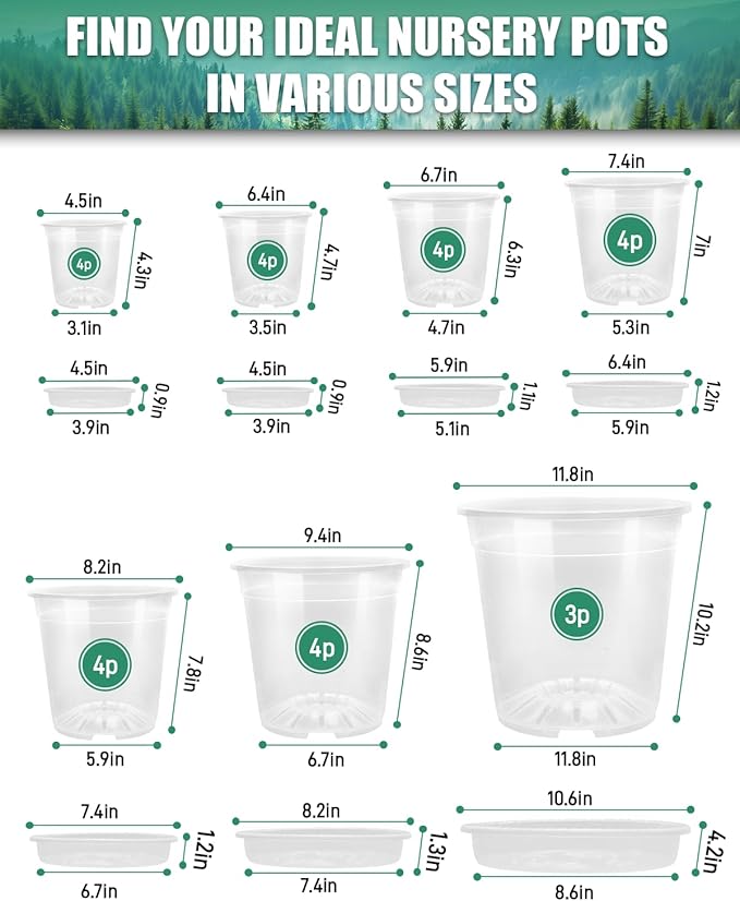 27 Pack Clear Nursery Pots with Drainage 12/9.5/8/7.5/6.7/5/4.5 Inch Nursery Pots with Saucers Transparent Seed Starting Pots Including Plant Labels for Indoor Outdoor Home Gardening