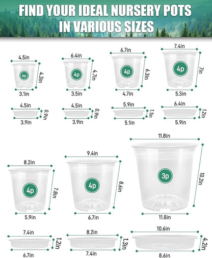 27 Pack Clear Nursery Pots with Drainage 12/9.5/8/7.5/6.7/5/4.5 Inch Nursery Pots with Saucers Transparent Seed Starting Pots Including Plant Labels for Indoor Outdoor Home Gardening