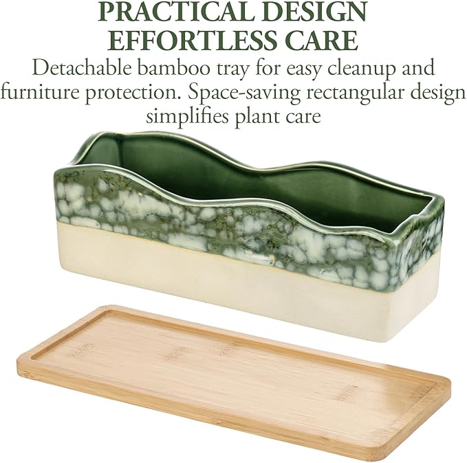 MyGift Rectangular Succulent Planter - Decorative Beige and Green Ceramic Glazed Plant Container Pot with Removable Bamboo Tray