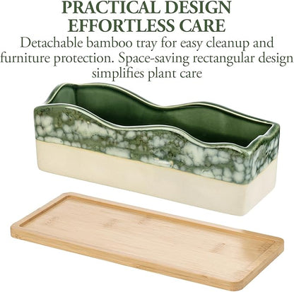 MyGift Rectangular Succulent Planter - Decorative Beige and Green Ceramic Glazed Plant Container Pot with Removable Bamboo Tray