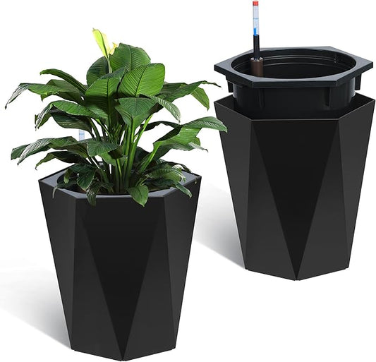 GarveeLife 16 in Tall Diamond Planters Set of 2, Self Watering Planters with Water Level Monitor, Flower Pots Outdoor and Indoor for Patio, Porch, Living Room, Home Office, Black