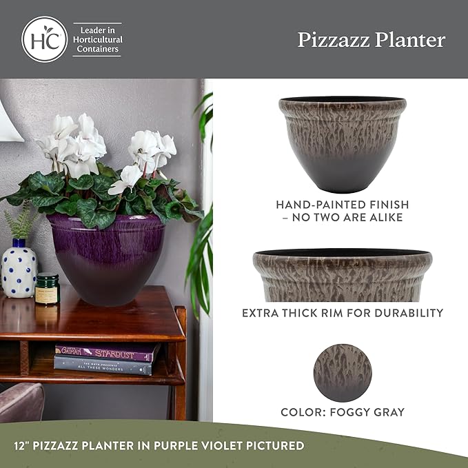 The HC Companies 12 Inch Pizzazz Round Planter Pots with Ceramic Look, Lightweight UV-Resistant Plastic Indoor & Outdoor Planters, 2-Pack Flower Pots for Garden & Home Decor, Foggy Gray