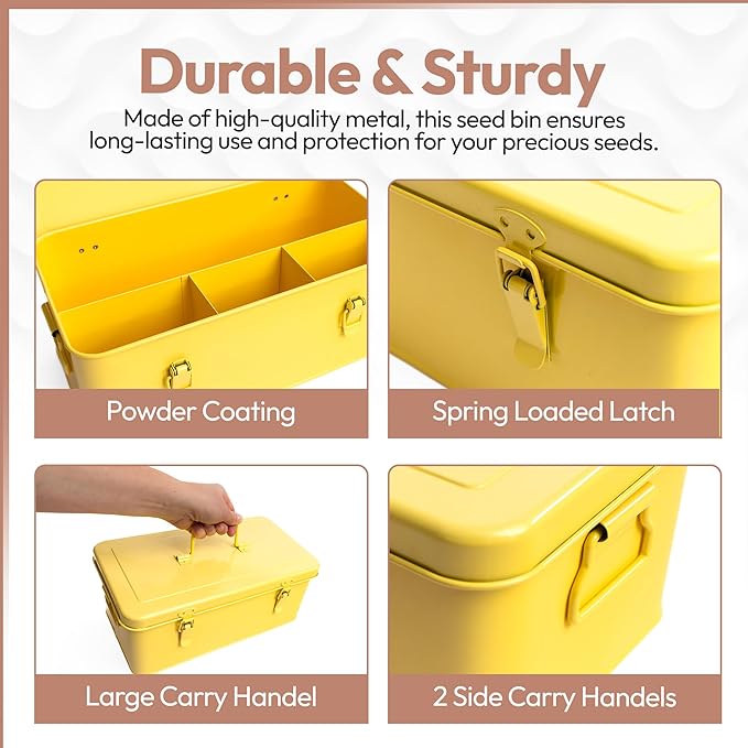 Seed Storage Organizer –Waterproof Metal Seed Box with Storage Bags, Dividers, 4 Compartments with Lid and Safety Locks, Portable Side Handles, Perfect for Garden Seeds, Labels & Tools – Yellow