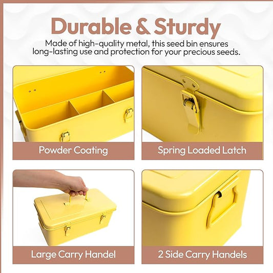 Seed Storage Organizer –Waterproof Metal Seed Box with Storage Bags, Dividers, 4 Compartments with Lid and Safety Locks, Portable Side Handles, Perfect for Garden Seeds, Labels & Tools – Yellow