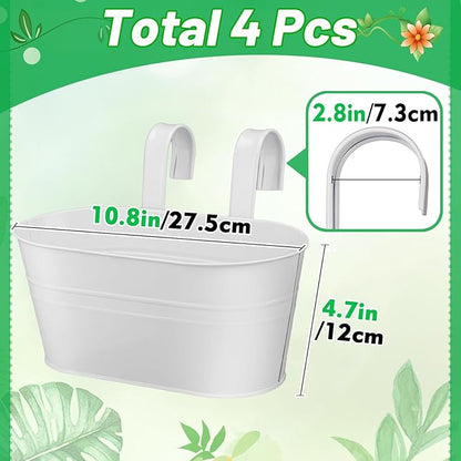 MADHOLLY Railing Planter with Drainage Holes - Sturdy Bucket Pots for Railing Fence, Countryside Style Metal Flower Pots for Herbs Balcony Garden Yard Decor, 4Pcs, White