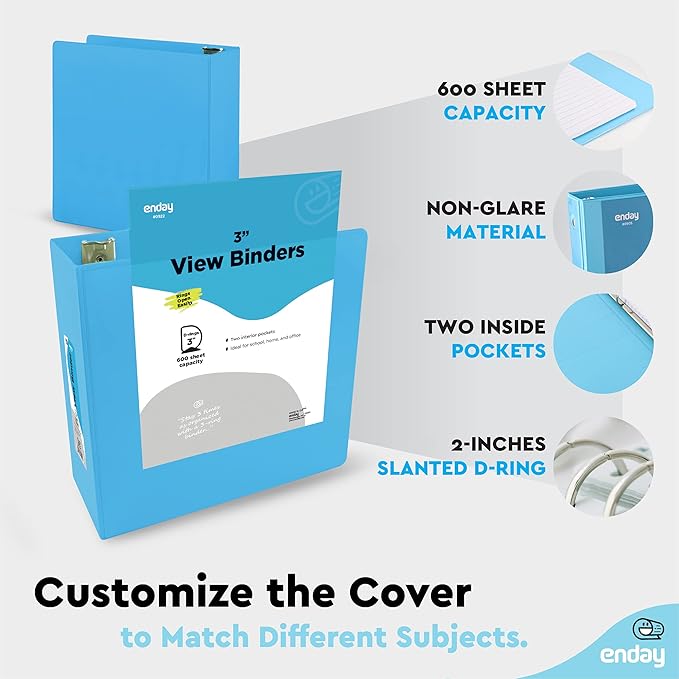 Enday 3 Inch Binder 3 Ring Binders Blue, Slant D-Ring 3” Clear View Cover with 2 Inside Pockets, Heavy Duty Colored School Supplies Office and Home Binders