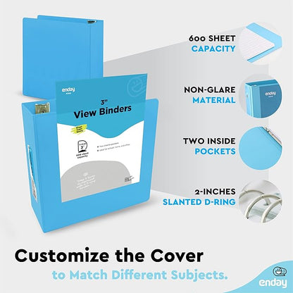 Enday 3 Inch Binder 3 Ring Binders Blue, Slant D-Ring 3” Clear View Cover with 2 Inside Pockets, Heavy Duty Colored School Supplies Office and Home Binders