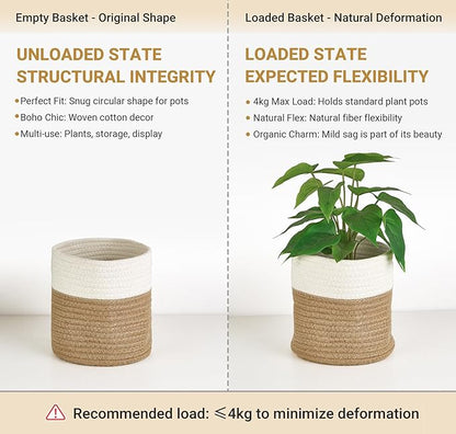 Dahey Small Cotton Rope Plant Basket Woven Plant Coiled Basket for Up to 7" Planter, Decorative Flower Pot Cover Closet Storage Bin Table Desk Organizer for Home Decor, White and Beige