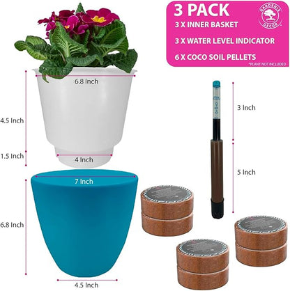 GARDENIX DECOR Self Watering Pots for Indoor Plants 3 Pack - Flower Pot with Water Level Indicator for Plants, Grow Tracking Tool - Self Watering Planter Plant Pot - Coco Coir - Teal