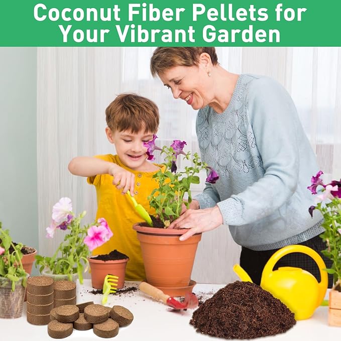 Riare 50 Pcs 50mm Organic Coco Coir Seed Starter Soil, Compressed Coconut Coir Potting Soil Mix for Seed Starting, Coconut Fiber Pellet for Planting Indoor & Outdoor Plants, Vegetables, Garden