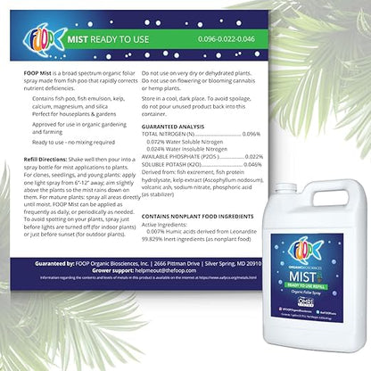 FOOP Mist (Refill) - Organic Foliar Spray Made from Fish Manure (with Fresh Minty Scent) | Corrects & Prevents Plant Nutrient Deficiencies | Ready to Use, No Mixing Required (1 Gallon)