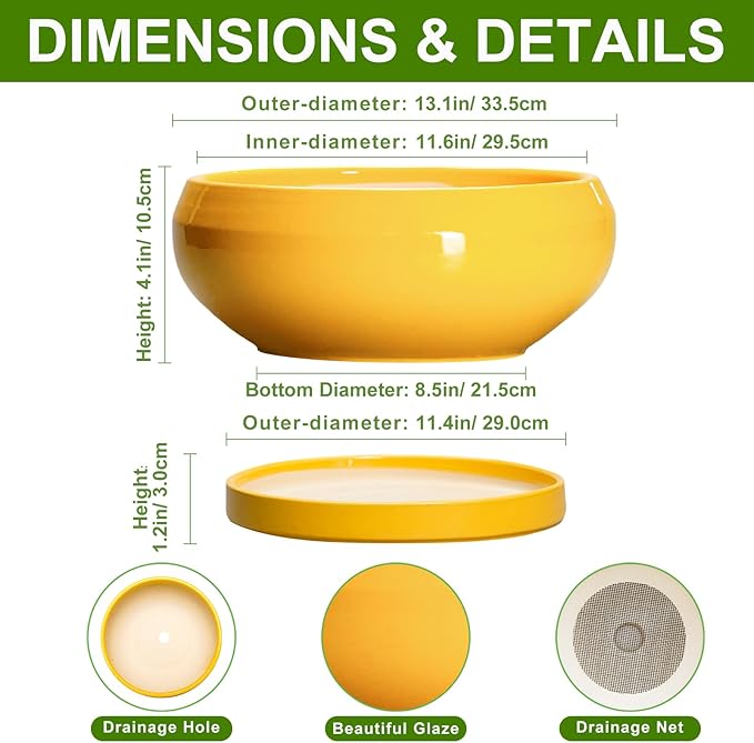 Ceramic Bonsai Pots - 13 Inch Large Succulent Pots with Drainage Hole and Saucer, Bonsai Planter for Indoor Outdoor, Round Shallow Bowl Planter, Garden House Decor, Plant Lover Gifts, Yellow