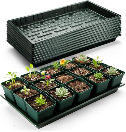 10 Pack Heavy Duty 1020 Trays No Holes - 1.6 Inch Deep Shallow Nursery Flats, Reusable Seed Starter Trays for 72/128 Cell Inserts, Microgreens, Seedling and Hydroponics (Dark Green)