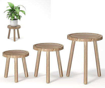 3-Pack Wood Plant Stands Indoor, Single Plant Stand for 6-12 Inch Pots, Mid-Century Modern Plant Stool, Tall Plant Stand for Large Plants for Living Room, Balcony, Office (Light Brown