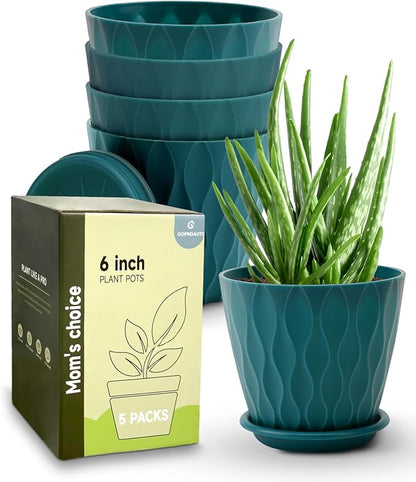 6 Inch Indoor Planter Pots with Drainage Hole and Tray Saucer,Flower Pots for Indoor Outdoor Garden Plants and Flowers, Multicolor, 5 Packs (Blue)