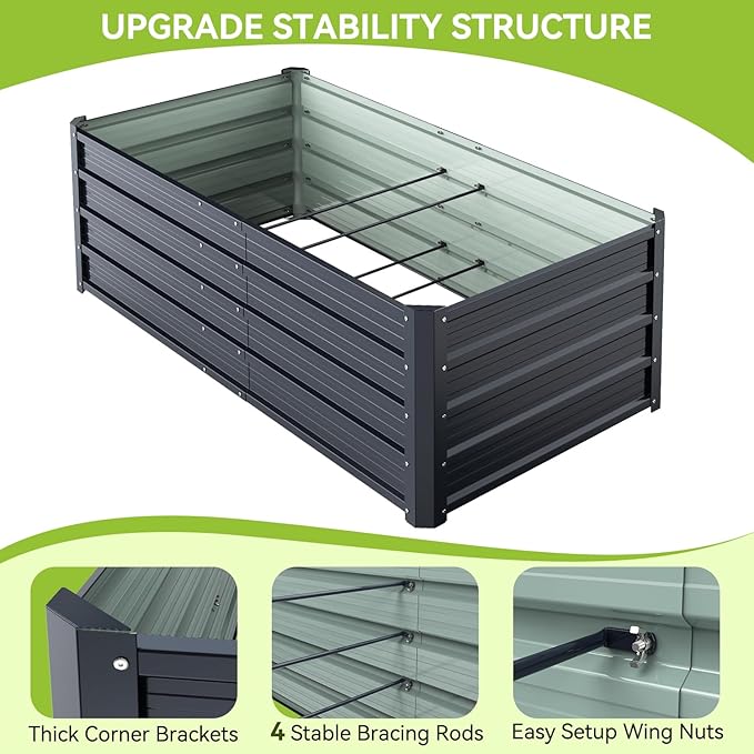 Ohuhu Metal Raised Garden Bed Outdoor, 6x3x1.5FT Reinforced Galvanized Rustproof Colored Steel Planter Boxes for Vegetables, Heavy Duty Raised Beds for Growing Flowers Herbs Succulents 2-Pack