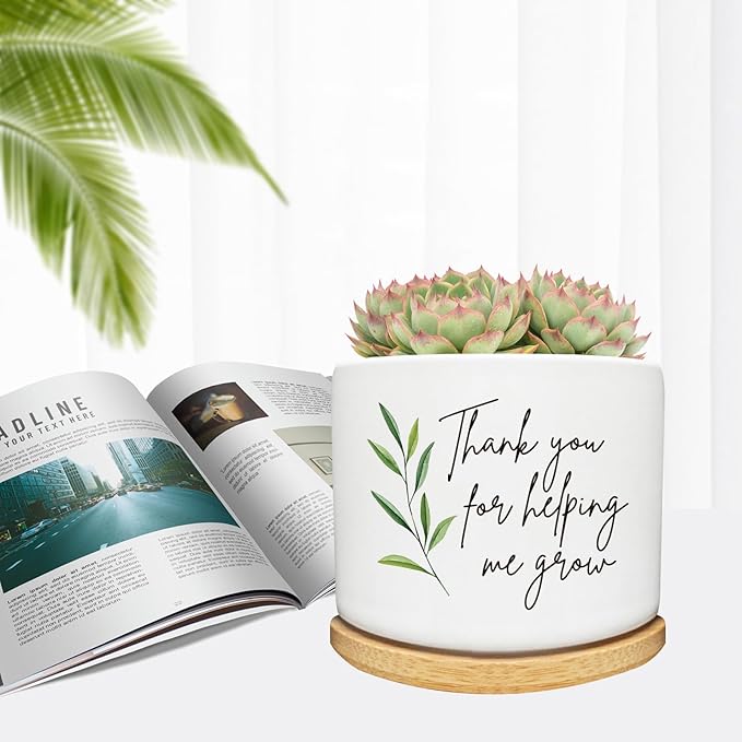 Thank You for Helping Me Grow Succulent Cactus Planter Pots with Bamboo Tray, Office Kitchen Home Windowsill Indoor Tabletop Decor, Gift for Friends Mom Teachers Plant Lovers