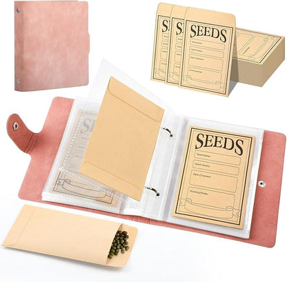 Seed Storage Organizer Binder, Leather Seed Sleeves Binder with 50 Pack Seed Envelopes, Garden Seeds Storage Organizer, Vegetable Seed Saver, Flower Seed Keeper, Pink, 3.1 x 4.7 Inch Seed Envelopes