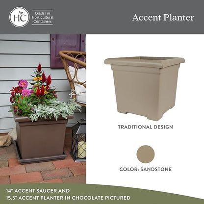 The HC Companies 15.5 Inch Accent Square Plant Pots with Drainage, Lightweight UV-Resistant Plastic Planters for Indoor & Outdoor Plants, 2-Pack Flower Pots for Garden, Office & Home Decor, Sandstone