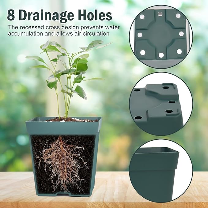 June Fox 100 Pack Green Square Nursery Pots with Drainage Holes 3.3 Inches Flexible Plastic Seedling Pots Square Pots for Plants, Succulent, Flower, with Plant Labels