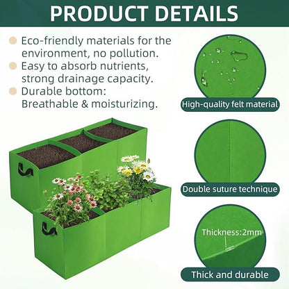 2 Pack Plant Grow Bags, 3 Divided Grids Fabric Raised Planting Bed Rectangle Raised Vegetable Planter Garden Planting Grow Pot Outdoor Planter Box for Vegetables, Flowers, Plants (Green, 120x40x40cm)