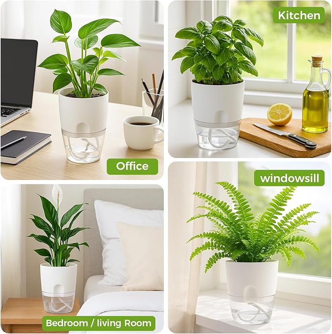 Planterhoma 12 Pack Self Watering Pots for Indoor Plants, 3.2 Inch Plant Pot Plastic Self Watering Planter for Orchid, African Violet, Clear Flower Pots with Drainage Holes and Wicking Rope, White