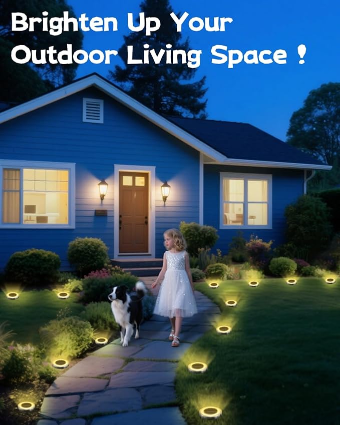 Mini Solar Ground Lights 2 Pack Outdoor IP65 Waterproof Solar Flat Garden Light Solor Powered Disc Pathway Lights for Outside Walkway Yard Landscape Patio Lawn Driveway-Warm White