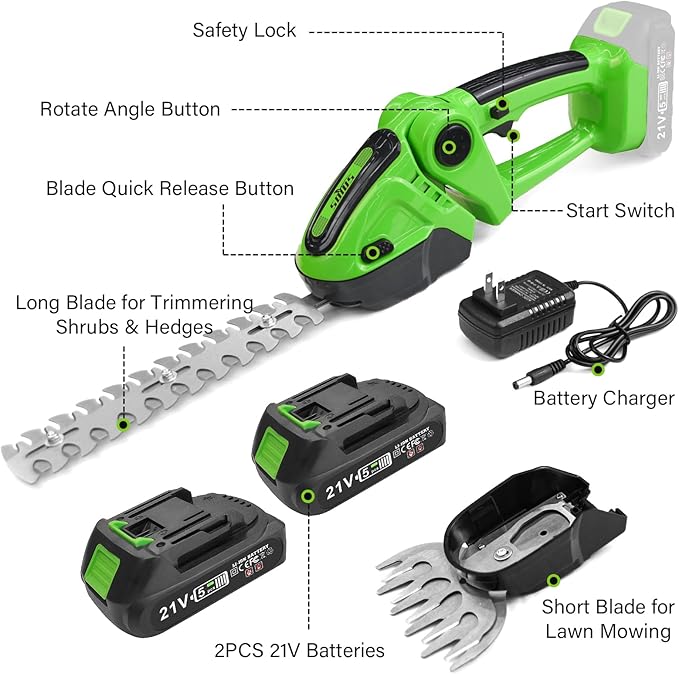 SOYUS Cordless Grass Shear, 2-in-1 Handheld Hedge Trimmers, 21V Electric Grass Trimmer & Shrubbery Trimmer, Battery Operated Hedge Trimmer for Garden/Lawn with Charger and 2Pcs Batteries