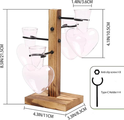 Plant Terrarium Propagation Stations with Wooden Stand, Glass Vase for Indoor Hydroponics Home Garden Office Decoration Gift for Women - 4 Love Bulb Vase