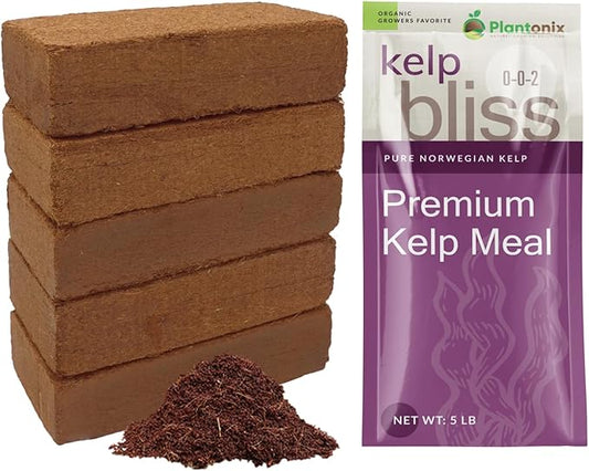 Coco Coir 650gm Bricks (5-Pack) + Kelp Bliss (5lbs) - Coco Coir Bricks & Kelp Meal Organic Fertilizer - Kelp Fertilizer for Plants - Organic Coconut Coir for Plants - Garden Soil & Potting Soil Mix