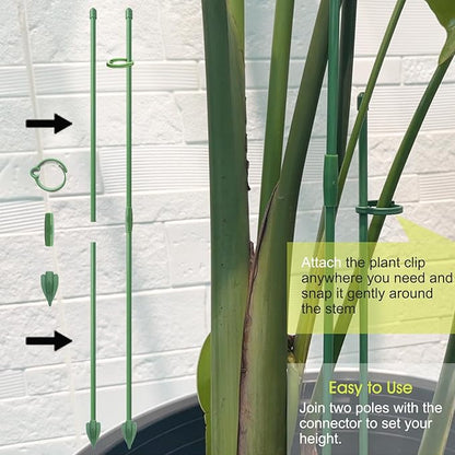 RIFNY Plant Stakes for Indoor Plants, 14 Inch Plant Support Stakes with Clips, Tall Adjustable Plant Sticks for Indoor Monstera Tomato Orchid Potted Plants Flower (10 PCS, Green)