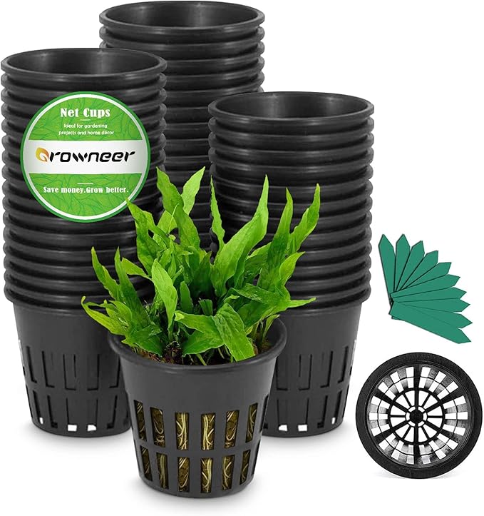 GROWNEER Net Pot 50 Pcs 3 Inch Garden Slotted Mesh Net Cups, Heavy Duty Hydroponic Pots Supplies with 50Pcs Plant Labels, Aquaponics Planting Growing Basket for Indoor Outdoor
