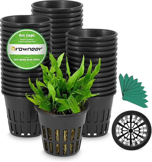 GROWNEER Net Pot 50 Pcs 3 Inch Garden Slotted Mesh Net Cups, Heavy Duty Hydroponic Pots Supplies with 50Pcs Plant Labels, Aquaponics Planting Growing Basket for Indoor Outdoor