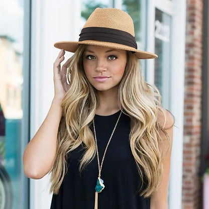 DRESHOW Women Straw Panama Hat Travel Fedora Beach Sun Hat Summer Wide Brim Straw Roll up Hat UPF 50+