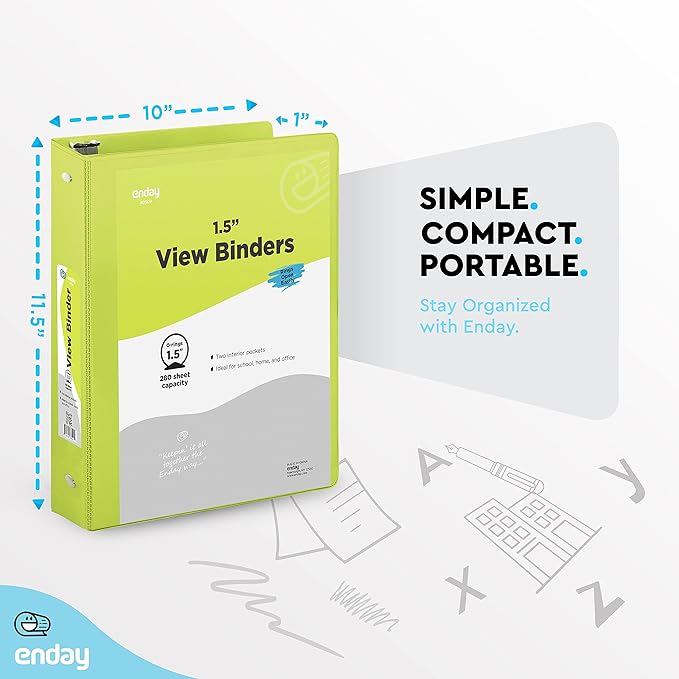 3 Ring Binder 1.5 Inch Green, 1 ½ inch Binder Clear View Cover with 2 Inside Pockets, Colored School Supplies Office and Home – by Enday