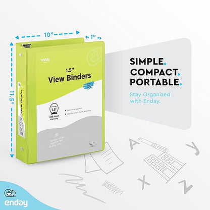 3 Ring Binder 1.5 Inch Green, 1 ½ inch Binder Clear View Cover with 2 Inside Pockets, Colored School Supplies Office and Home – by Enday