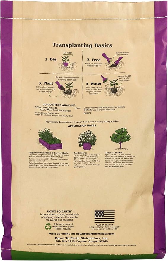 Down To Earth All Natural Fertilizers Organic Feather Meal - Slow Release Nitrogen Plant Food for Green Growth 12-0-0, 20 lb